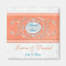 Coral, Aqua, and Gray Damask Wedding Favor Magnet