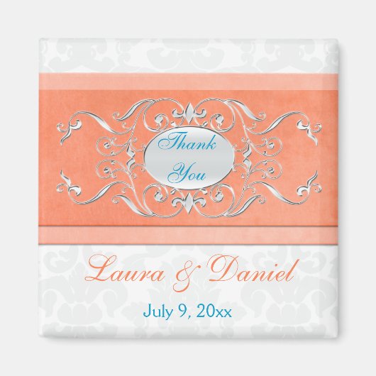 Coral, Aqua, and Gray Damask Wedding Favor Magnet (Voorkant)
