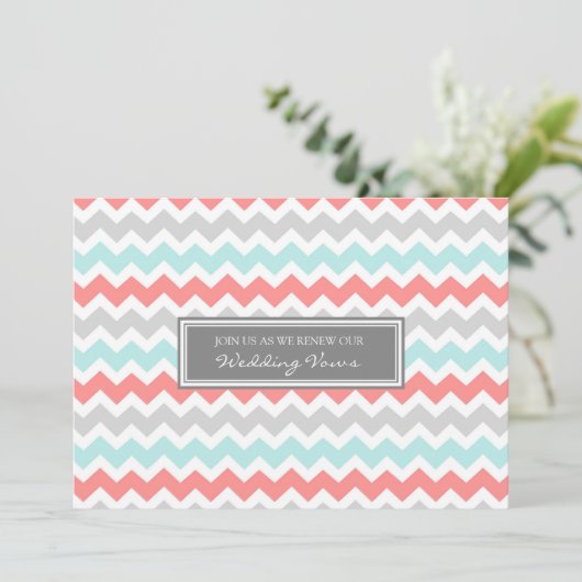 Coral Aqua Chevron Wedding Vow Renewal Uitnodiging (Staand voorkant)
