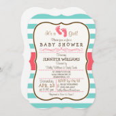 Coral, Aqua en White Stripes Baby shower Kaart (Voorkant / Achterkant)