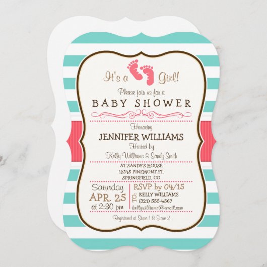 Coral, Aqua en White Stripes Baby shower Kaart (Voorkant / Achterkant)