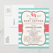 Coral, Aqua en White Stripes Baby shower Uitnodiging Briefkaart (Voorkant / Achterkant)