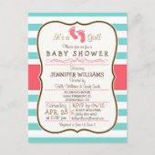 Coral, Aqua en White Stripes Baby shower Uitnodiging Briefkaart (Voorkant)