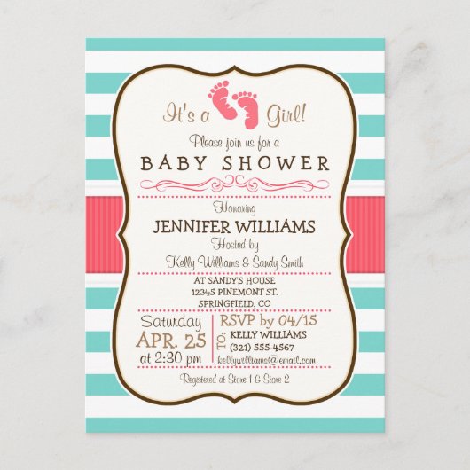 Coral, Aqua en White Stripes Baby shower Uitnodiging Briefkaart (Voorkant)