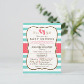 Coral, Aqua en White Stripes Baby shower Uitnodiging Briefkaart (Staand voorkant)
