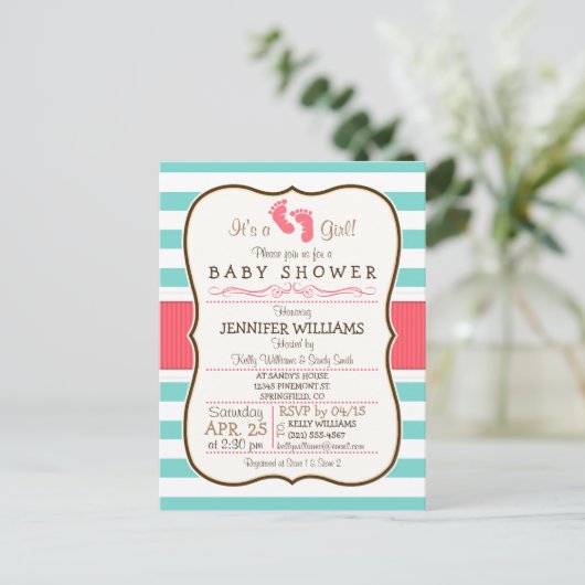 Coral, Aqua en White Stripes Baby shower Uitnodiging Briefkaart (Staand voorkant)