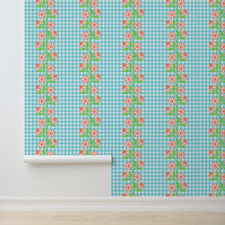 Coral Aqua & Lime Bloemstuk op Gingham Behang