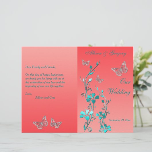 Coral Aqua Silver Butterfly Floral Wedding Program (Staand voorkant)