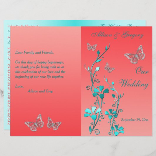 Coral Aqua Silver Butterfly Floral Wedding Program (Voorkant / Achterkant)