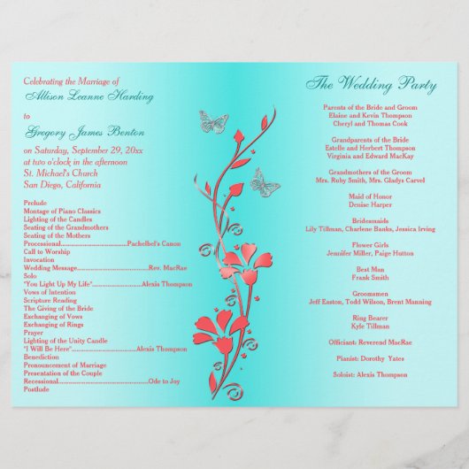 Coral Aqua Silver Butterfly Floral Wedding Program (Achterkant)