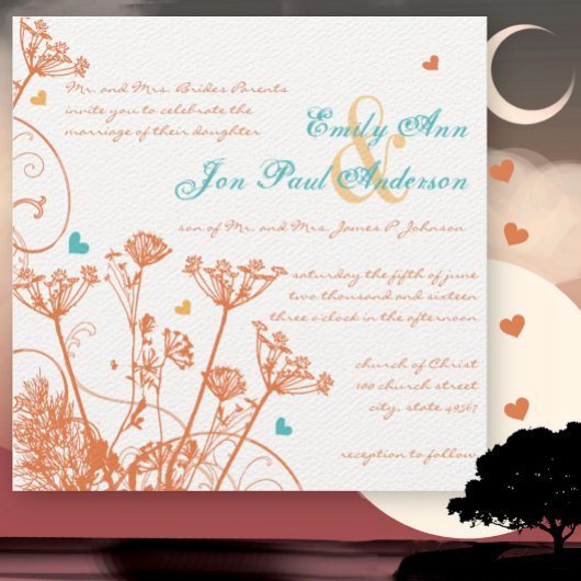 Coral Aqua Yellow Wilde Flowers Wedding Invitation Kaart