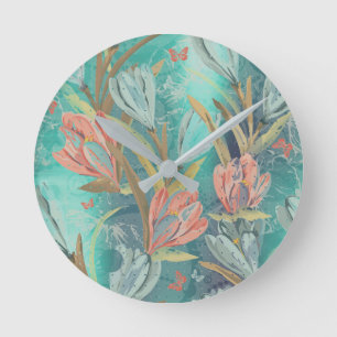 Coral Aquatic Blauwgroen Floral Coffe Blue Butterf Ronde Klok