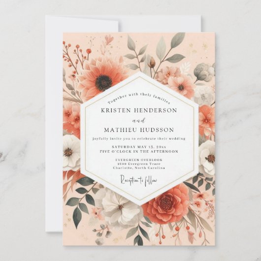 Coral Artistic Bloom Wedding Kaart (Voorkant)