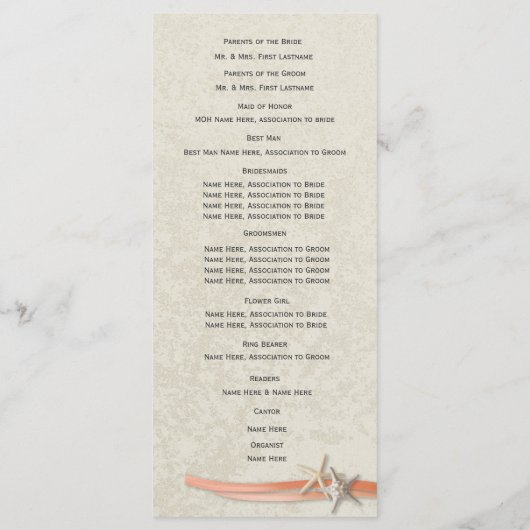 Coral Beach Starfish & Ribbon Wedding Program Programmakaart (Achterkant)
