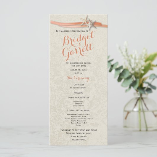 Coral Beach Starfish & Ribbon Wedding Program Programmakaart (Staand voorkant)