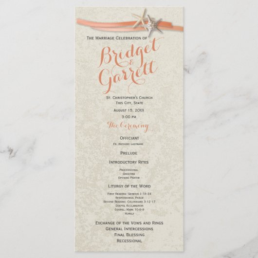 Coral Beach Starfish & Ribbon Wedding Program Programmakaart (Voorkant)
