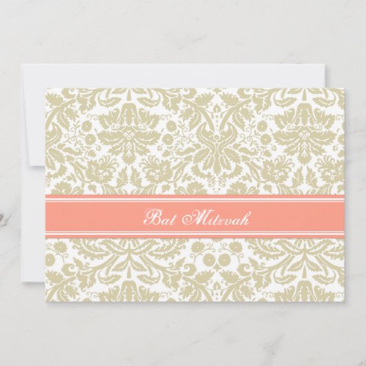 Coral Beige Damask Bat Mitzvah Invitaties Kaart (Voorkant)