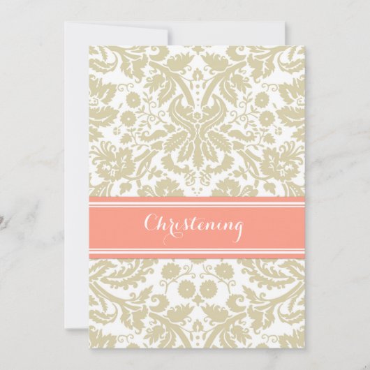 Coral Beige Damask Christening Uitnodiging (Voorkant)