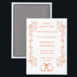Coral Bells Scrollwork Wedding Sla de datum op Magneet<br><div class="desc">Trouwen slaan de datum magneet klokken ontwerp. Pas deze koraalkleurige bruiloft aan en sla de datummagneet op met uw trouwgegevens. Mocht u hulp nodig hebben bij het aanpassen, neem dan contact met ons op via de link op deze pagina. Koraal gekleurde klokken ontwerp gepersonaliseerde bruiloft opslaan van de datum magneet...</div>