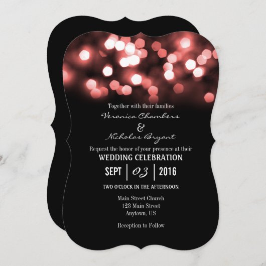 Coral Black Bokeh Glitter Lights Wedding Invites Kaart (Voorkant / Achterkant)