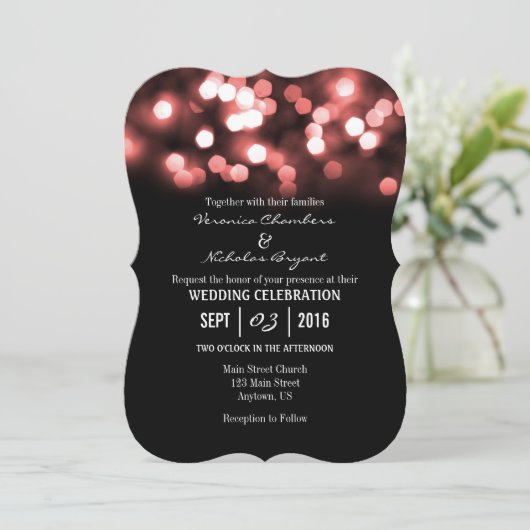 Coral Black Bokeh Glitter Lights Wedding Invites Kaart (Staand voorkant)