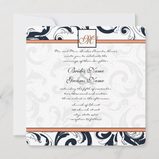 Coral & Black Damask Swirls Wedding Kaart (Voorkant)