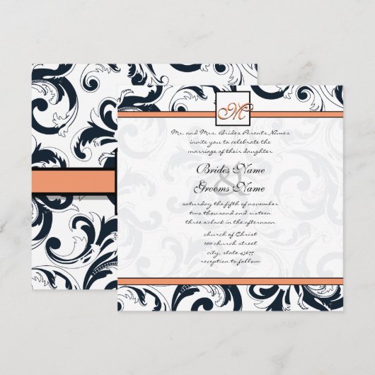Coral & Black Damask Swirls Wedding Kaart (Voorkant / Achterkant)