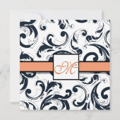 Coral & Black Damask Swirls Wedding Kaart (Achterkant)