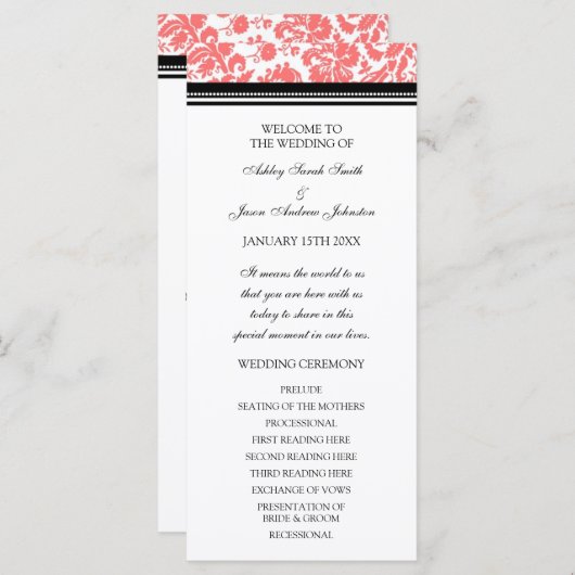 Coral Black Damask Wedding Program Programmakaart (Voorkant / Achterkant)