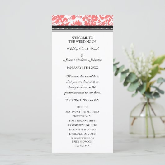 Coral Black Damask Wedding Program Programmakaart (Staand voorkant)