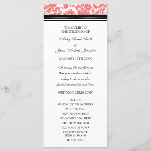 Coral Black Damask Wedding Program Programmakaart (Voorkant)