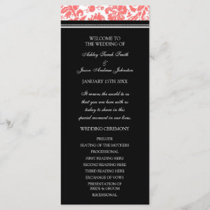 Coral Black Damask Wedding Program Programmakaart