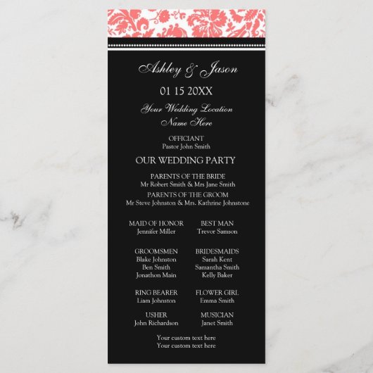 Coral Black Damask Wedding Program Programmakaart (Achterkant)