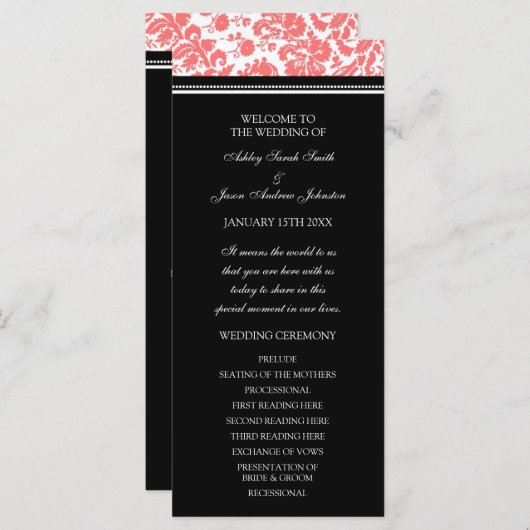 Coral Black Damask Wedding Program Programmakaart (Voorkant / Achterkant)