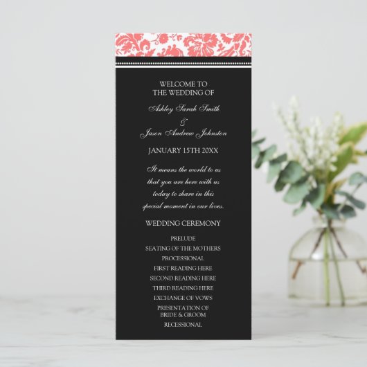 Coral Black Damask Wedding Program Programmakaart (Staand voorkant)