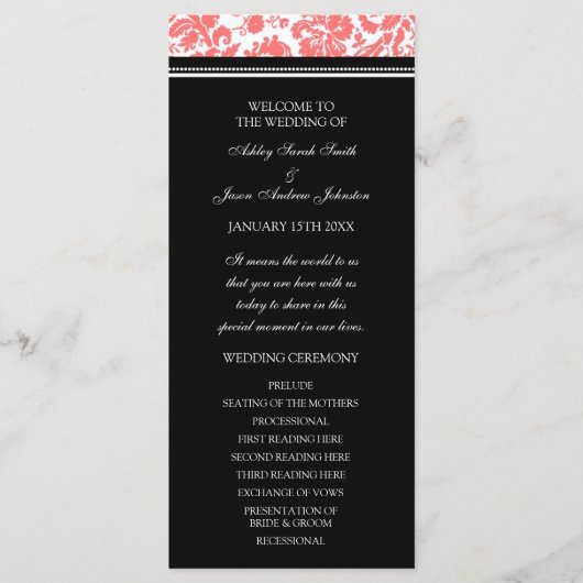 Coral Black Damask Wedding Program Programmakaart (Voorkant)
