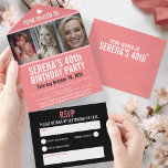 Coral Black drie foto's 40th Birthday party All In One Uitnodiging<br><div class="desc">Vet eenvoudige grafische oranje roze koraalkleur, zwart-wit fotosjabloon alle-in-één 40ste verjaardag uitnodiging. Pas deze afneembare mijlpaalverjaardagsuitnodiging aan met de details van je eigen verjaardagsfeestje en drie verschillende foto's van je verjaardagsmeisje. Nodig komt met een eenvoudige afneembare RSVP antwoordkaart uit waar u een lied kunt ook vragen om aan te dansen...</div>