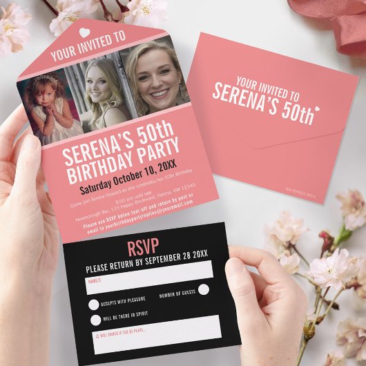 Coral Black drie foto's 50th Birthday party All In One Uitnodiging