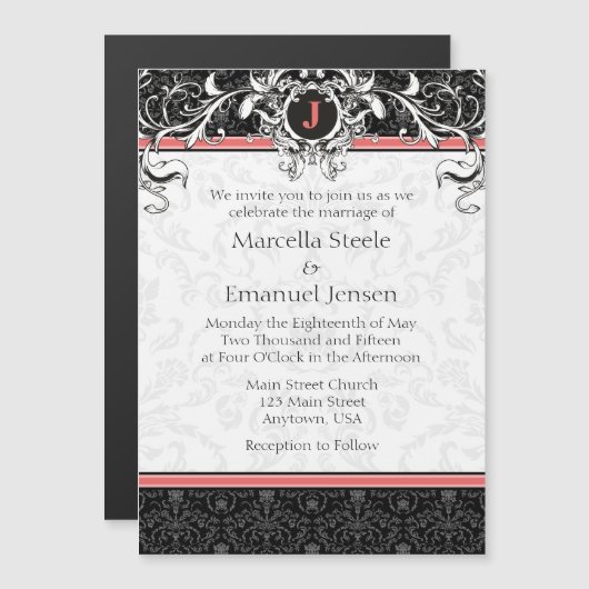 Coral Black Monogram Magnetic Wedding Invitation Magnetische Uitnodiging (Voorkant / Achterkant)