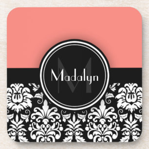 Coral Black White Damask Monogram Letter Drankjes Onderzetter
