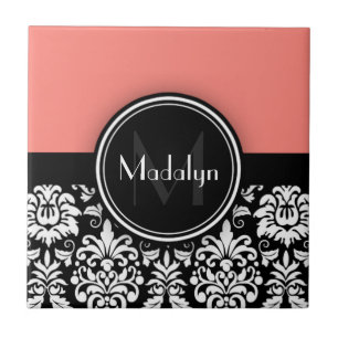 Coral Black White Damask Monogram Letter Tegeltje