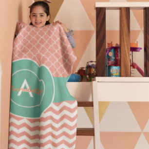 Coral Blauwgroen Chevron Quatrefoil Fleece Deken