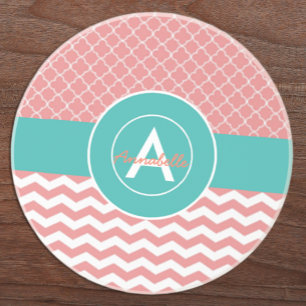 Coral Blauwgroen Chevron Quatrefoil Zandsteen Onderzetter