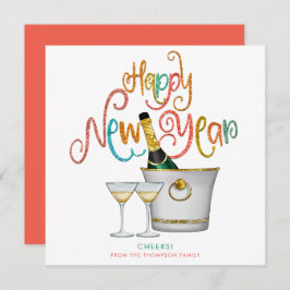Coral Blauwgroen Gold Glitter Happy New Year Champ Feestdagenkaart