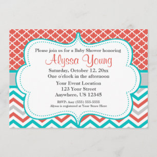 Coral Blauwgroen Quatrefoil Chevron Kaart