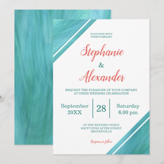 Coral Blauwgroen Script Wedding Kaart (Voorkant / Achterkant)