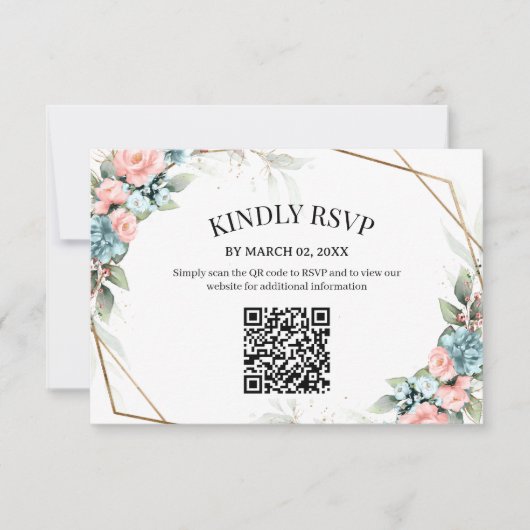 Coral Bloemen Bruiloft RSVP Kaart met QR Code (Voorkant)