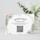 Coral Bloemen Bruiloft RSVP Kaart met QR Code (Staand voorkant)