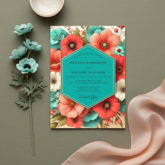 Coral Bloom Romance Wedding Kaart