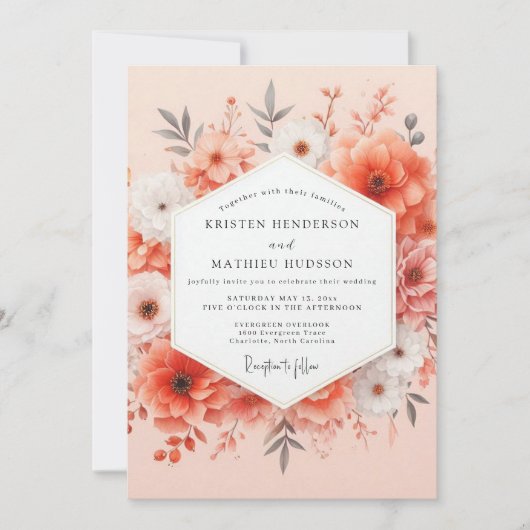Coral Bloom Romance Wedding Kaart (Voorkant)